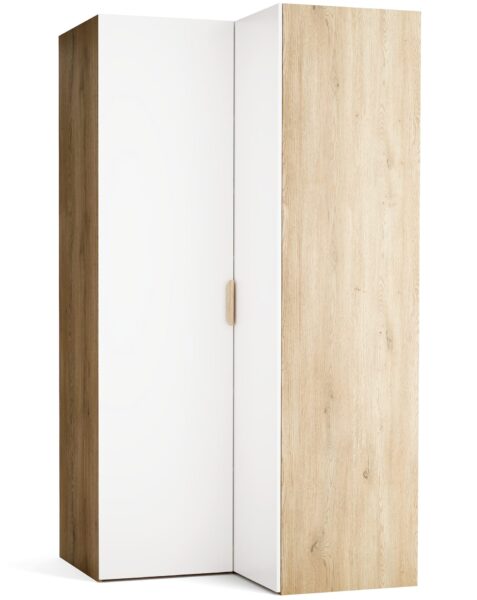 Kotna garderobna omara Stor, leva, 225 cm, fronte bela, ročaj hrast, kratek zaobljen