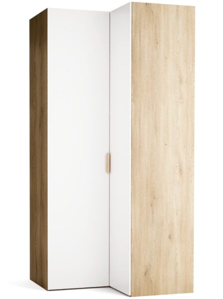 Kotna garderobna omara Stor, leva, 240 cm, fronte bela, ročaj hrast, kratek zaobljen