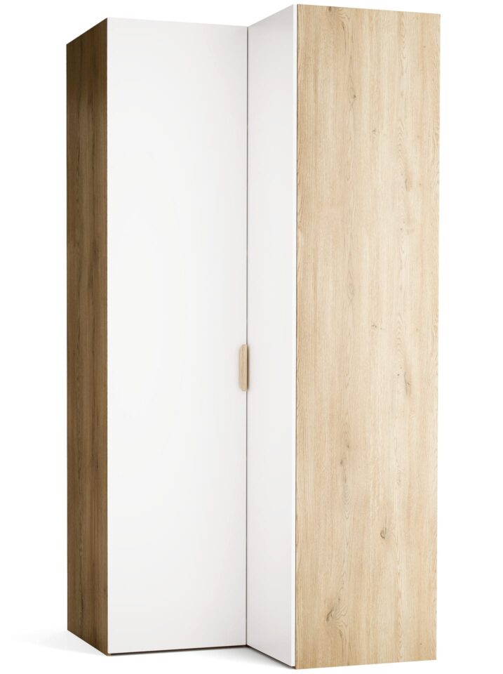 Kotna garderobna omara Stor, leva, 240 cm, fronte bela, ročaj hrast, kratek zaobljen