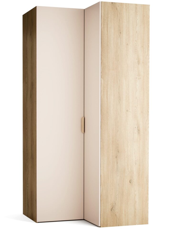 Kotna garderobna omara Stor, leva, 240 cm, fronte peščena, ročaj hrast, kratek zaobljen