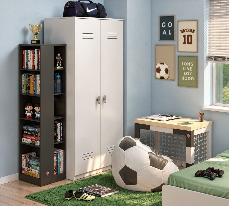 Kotni knjižni poličnik, črn, ob beli omari Locker