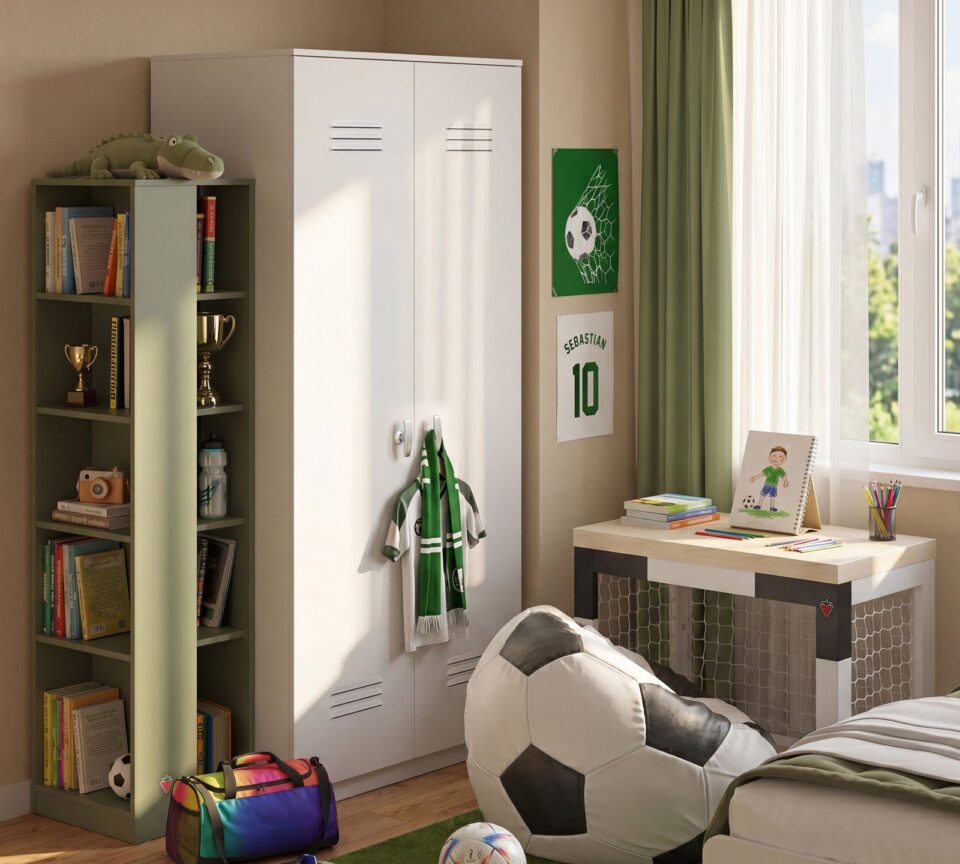 Kotni knjižni poličnik, zelen, ob garderobni omari Locker