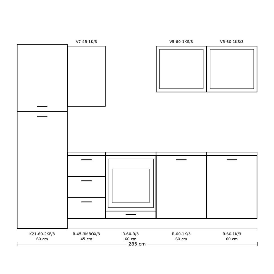 Blok kuhinja Modern, dolžina 285 cm: skica razporeditve elementov z merami.