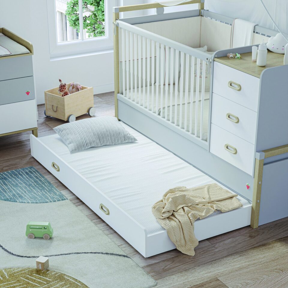 Izvlečeno dodatno ležišče na kolesih pod posteljico Baby Mino