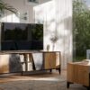 Dnevna soba Ovo: TV omarica, komoda in klubska mizica, temni beton in pradavni hrast