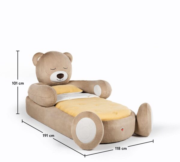 Postelja Teddy na belem ozadju z merami 118 x 191 x 101 cm