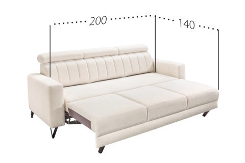 Raztegljiv trosed Inari v svetli tkanini, razprt v ležišče 200 x 140 cm