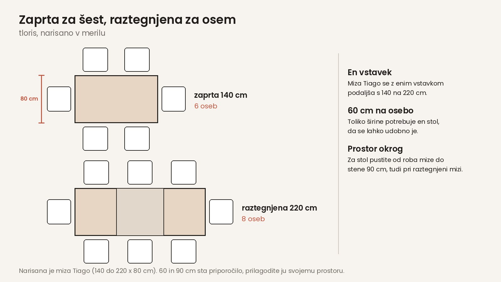 Raztegljiva miza Tiago zaprta za šest in raztegnjena za osem oseb