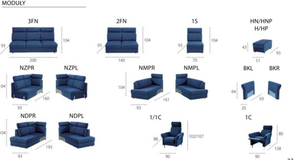 Vsi moduli sedežne garniture Plato z merami