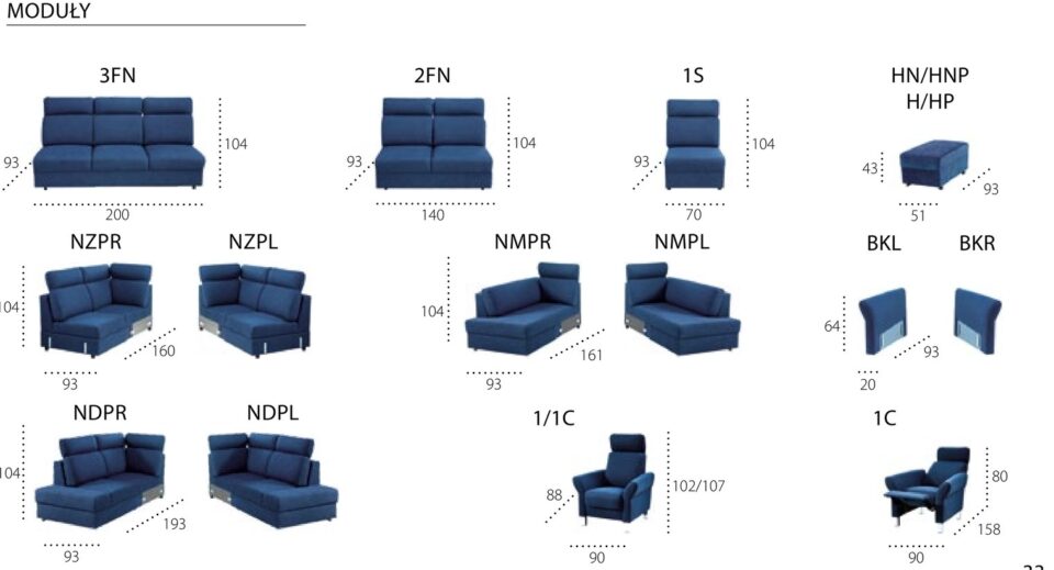 Vsi moduli sedežne garniture Plato z merami