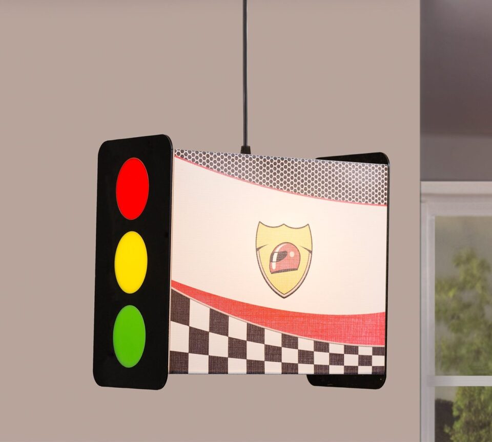 Prižgano viseče svetilo Traffic Light s čelado in šahovnico